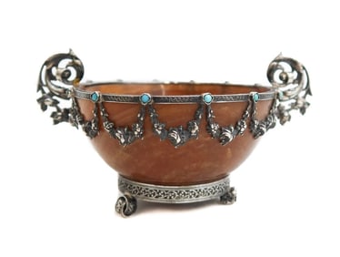 Continental Agate Silver and Turquoise Overlay Footed Bowl, circa 1900