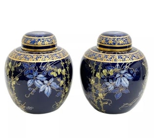 Pair Pirkenhammer Aesthetic Porcelain Lidded Jars Cobalt Blue Gilt Leaf c 1890