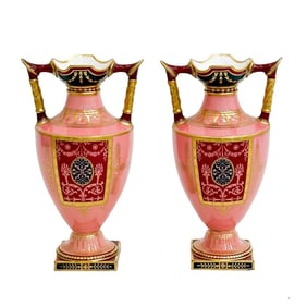 Pair Royal Crown Derby Hand Painted Porcelain Vases Pink Red Gilt 1893