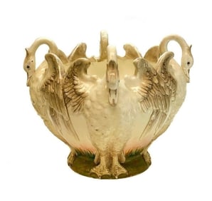 Large Delphin Massier Majolica Four Handled Figural Swan Jardiniere