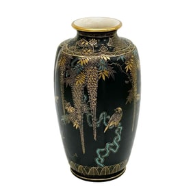 Hododa Japanese Satsuma Hand Painted Porcelain Vase Black with Wisteria Meiji