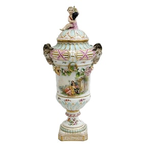 KPM Berlin Hand Painted Porcelain Covered Urn Rams Head Handles circa 1880