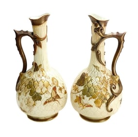 Pair Royal Worcester England Blush Ivory Honeycomb Ewers, 1884 / 1886