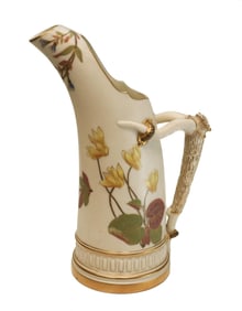 Royal Worcester Porcelain Ivory 8" Tall Ewer #1116, 1886, Yellow Flowers