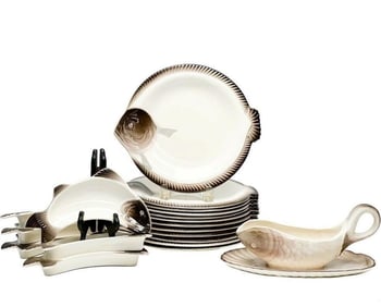 Longwy France Porcelain Pottery Fish Dinner Set for 9 c.1920 Halibut Decoration