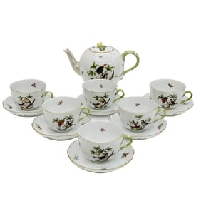 Herend Hungary Rothschild Birds Porcelain Teapot Teacups & Saucers for 6