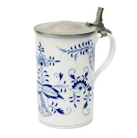 Meissen Germany Hand Painted Porcelain Pewter Lidded Tankard Beer Stein 20th c