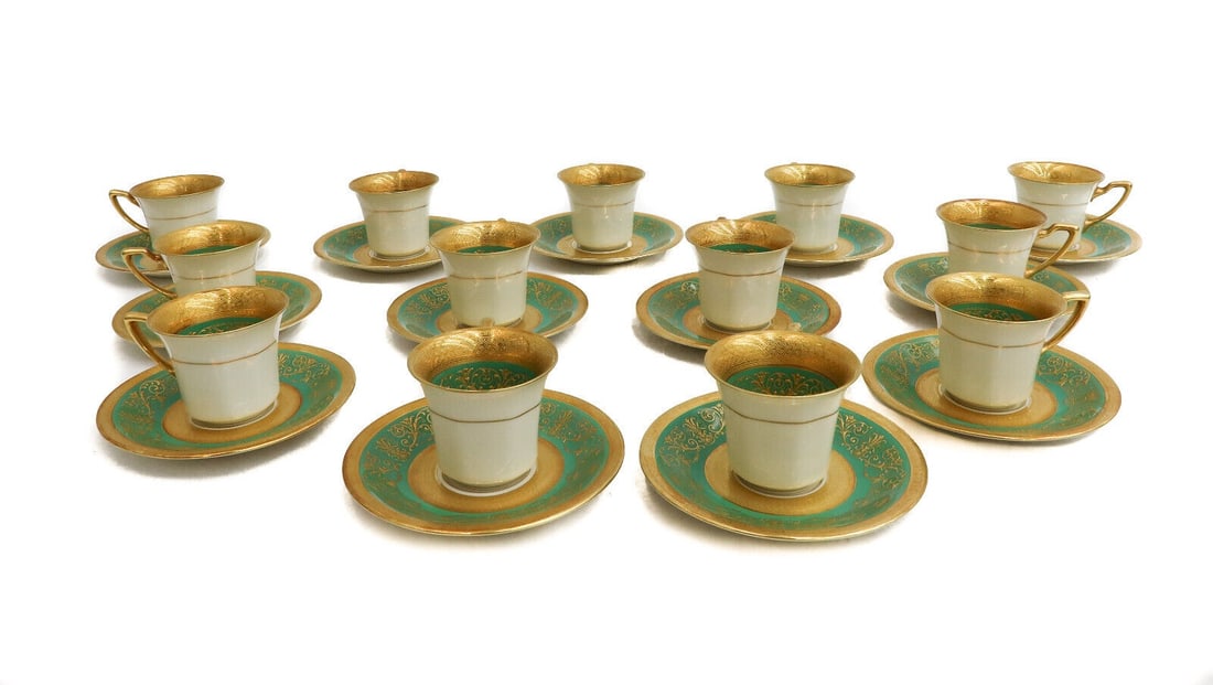 13 Rosenthal Ivory Bavaria Gilt Encrusted Green  Demitasse Cup and Saucers c1940 (1 of 8)