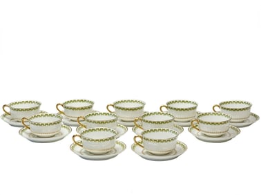 11 Haviland Limoges France Porcelain Cups & Saucers Gilt & Green Decoration