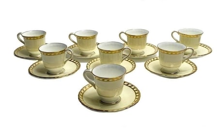 8 Minton England Porcelain Demitasse Cup and Saucers. Pale Yellow & Gilt