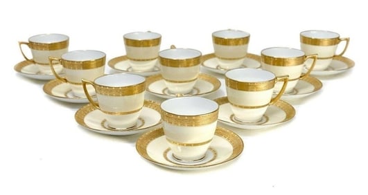 10 Minton England Porcelain Cup and Saucers, 1928. Gold Bands