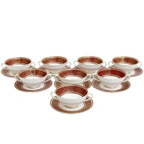 8 Royal Doulton England Porcelain Bouillon Bowls & Underplates in Buckingham Red