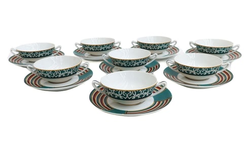 8 Hermes Paris Porcelain Bouillon Bowls and Underplates in Attelage Green Stripe