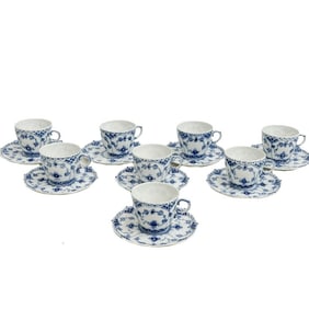 8 Royal Copenhagen Denmark Porcelain Blue Fluted Half Lace Cup & Saucers 1035