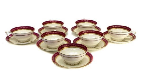 7 Minton England Porcelain Cup and Saucers, circa 1900. Maroon and Gilt