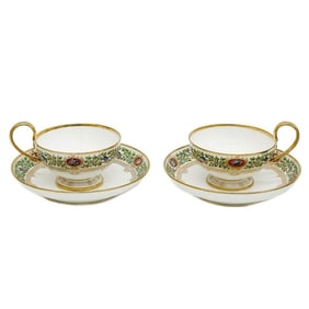 Pair Manufacture Sevres Louis Phillipe Chateau Fontaine Bleau Cups &Saucers 1839