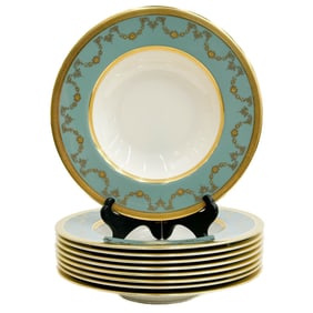 9 Lenox Westport Gilt Porcelain Rimmed Soup Bowls D-158 Teal Blue