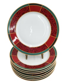 8 Hermes Paris Porcelain 7.5 inch Dessert Plates in Attelage, Red Motifs