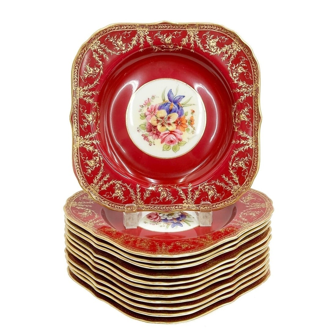 12 Royal Worcester England Hand Painted Porcelain Red Square Dessert Plates 1933 (1 of 8)