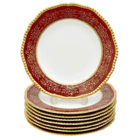 8 Coalport England Gilt Porcelain Dinner Plates Red circa 1900