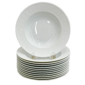 12 Hermes Paris Porcelain Rimmed Soup Bowls in Egee White