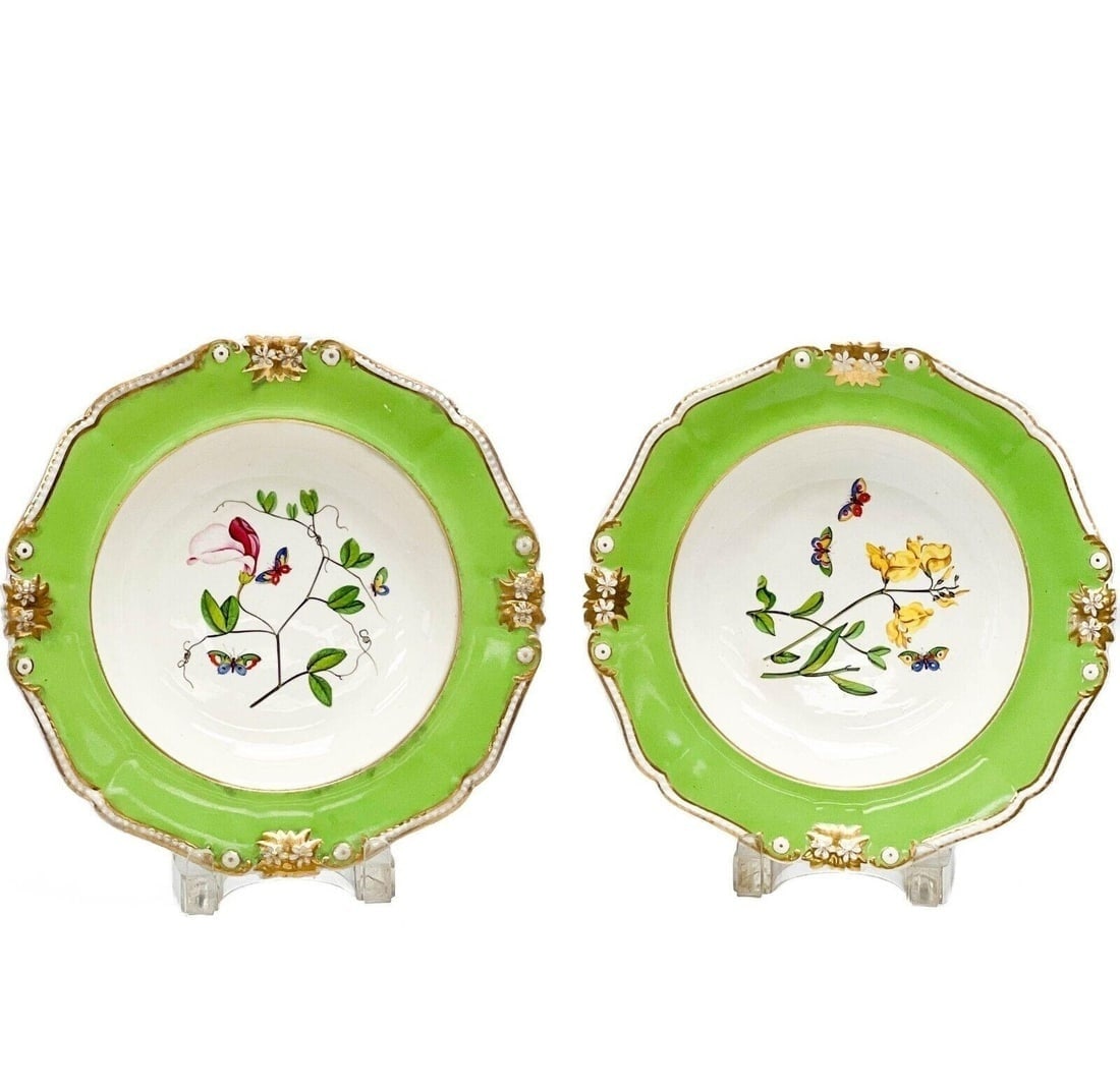 Pair Royal Crown Derby England Porcelain Botanical Deep Well Dinner Plates c1820: Pair Royal Crown Derby England hand painted botanicals porcelain deep well dinner plates, circa 1820s. A green ground to the edge, colorful hand painted image of flowers with butterflies to the center