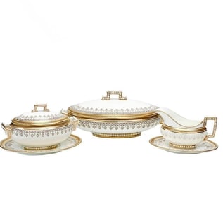 3 Cauldon England Gilt Porcelain Serving Dishes Florals Greek Key c.1910