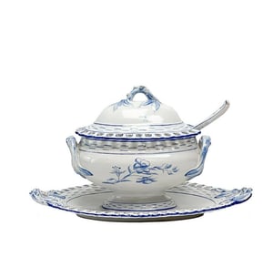 Galle Faience France Reticulated Porcelain Lidded Sauce Tureen with Assoc Spoon