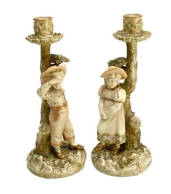 Pair Royal Worcester England Porcelain Candlesticks by Hadley, #1141, 1887