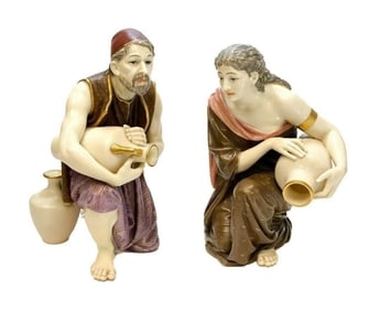 Pair Royal Worcester Porcelain Figurines, Man and Woman with Water Jars, 1880