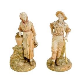 Pair Royal Worcester England Hand Painted Porcelain Figurines Man and Woman 1898