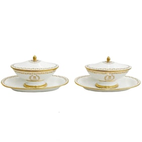 Pair Manufacture de Sevres Chateau de F Bleau Lidded Sauce Boats Sucrier Coupe