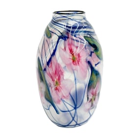 Charles Lotton Multi Flora Art Glass Vase 11.5 inches Pink Flowers Signed