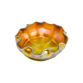 LCT Tiffany Iridescent Gold Art Glass Small Bowl Ruffled Rim