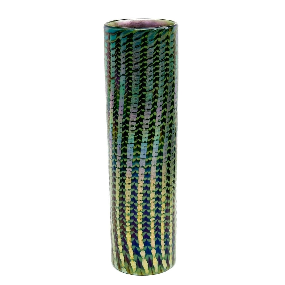 Lundberg Studios Green Pulled Feather Art Glass Cylindrical Vase (1 of 7)