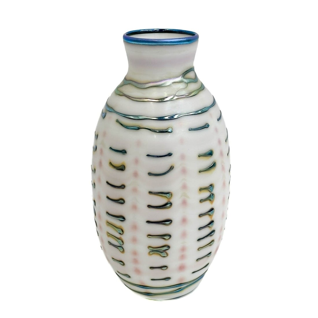 Charles Lotton Art Glass Vase White Iridescent Blue Signed 1980 (1 of 7)