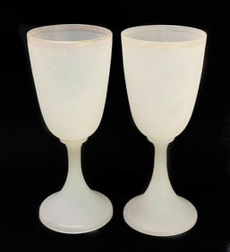 Pair French White Opaline Glass Wine Goblets