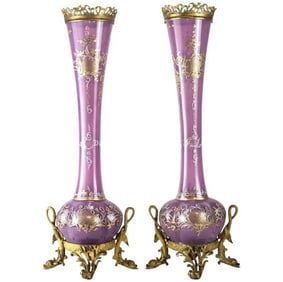 Loetz Enamelled Gilt Glass Vases, Bronze Mounts 19th Century