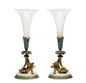 Pair French Champleve Enamel Bronze Putti Engraved Glass Trumpet Form Vases