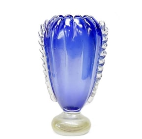 Ercole Barovier Murano Art Glass Vase Blue with Ruffled Clear Handles