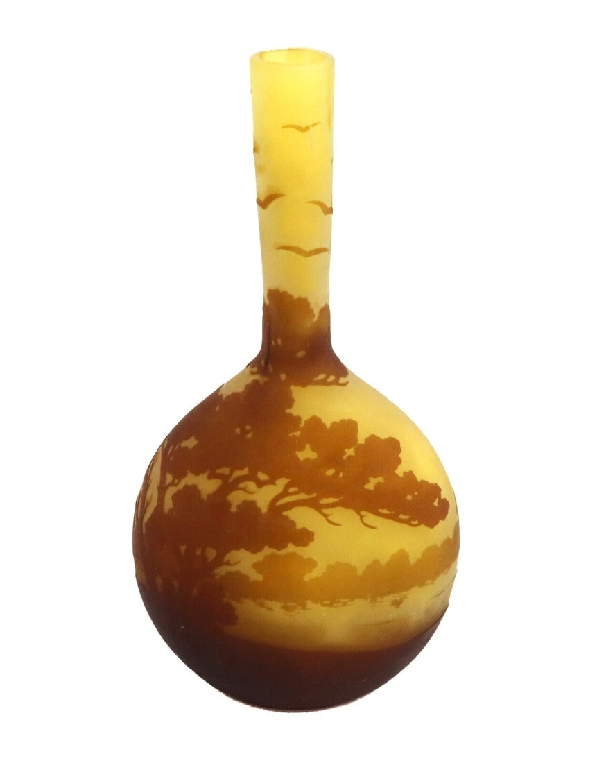 Emile Galle Acid Etched Cameo Art Glass Banjo Vase Yellow Orange and White c1890 (1 of 14)