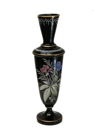 French Black Opaline Glass Hand Painted Footed Vase, circa 1930