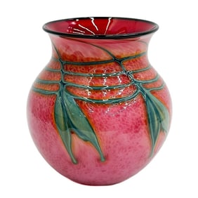 Charles Lotton Art Glass Vase Pink and Green Signed 1999