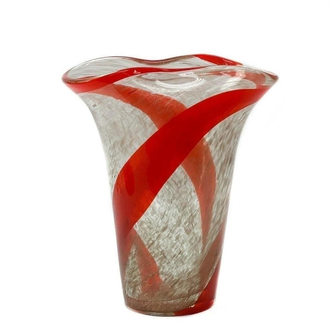 Fratelli Toso Italian Murano Art Glass Aventurine Vase: Fratelli Toso Italian Murano art glass vase. Vase with Aventurine glass and a swirled red ribbon design with a curved rim. Murano label to the underside. Weight Approx., 7 lbs Measures Approx., 9.25 i