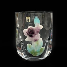 Daum France Pate de Verre Rose Clear Art Glass Vase circa 1980