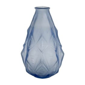 Sabino France Art Deco Geometric Molded Art Glass Vase Blue circa 1920 Signed