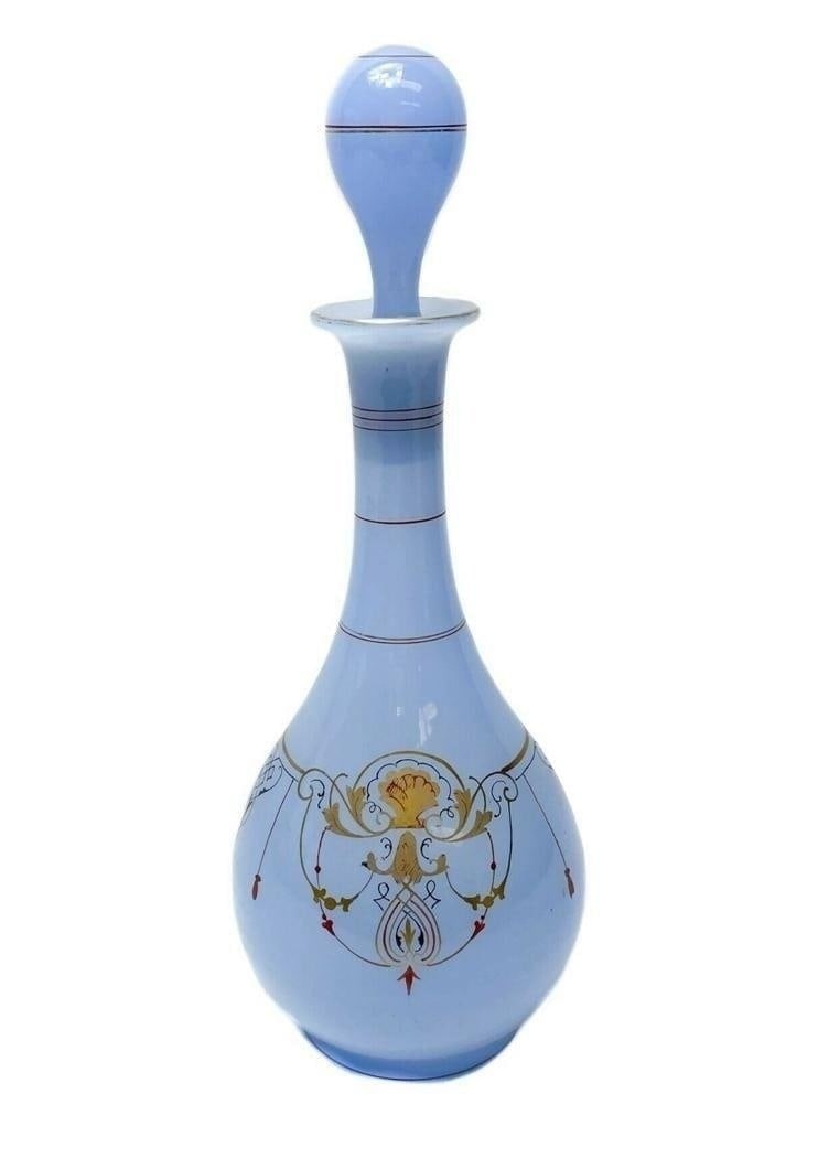 Continental Blue Opaline Hand Painted Glass Decanter w/ Gilt Decoration c1930 (1 of 8)