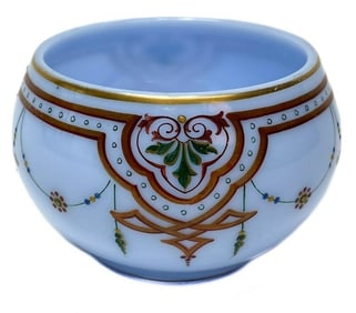 Continental Blue Opaline Hand Painted Enamel & Gilt Glass Bowl c1900