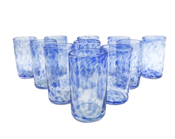 11  American Studio Glass Hand Blown Blue Mottled Water Tumblers 20th Century
