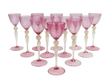 12 Cranberry Pink Glass 4 ounce Wine Goblets Gold Fleck Stem circa 1940